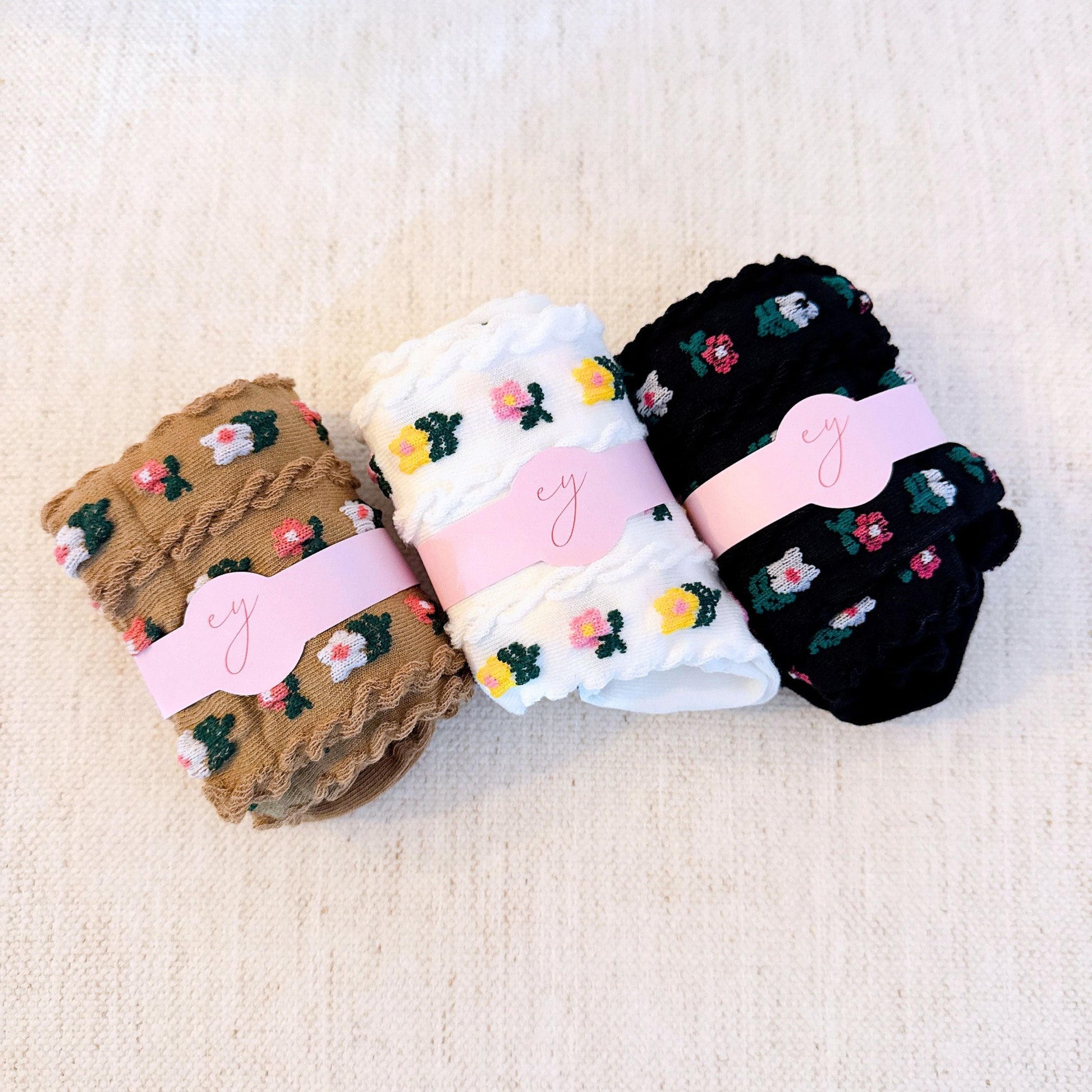 Mini Flower Embossed Crew Socks 3-Pack — Soft Textured Knit - Socks