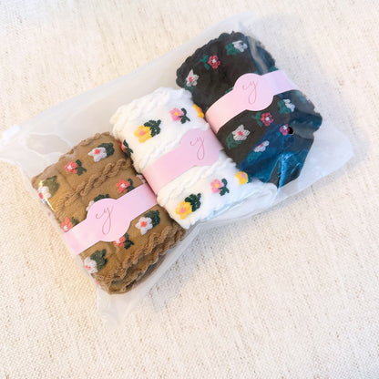Mini Flower Embossed Crew Socks 3-Pack — Soft Textured Knit - Socks