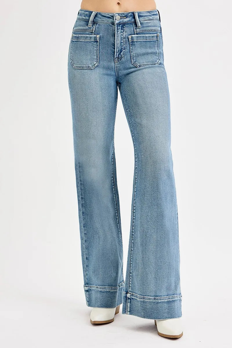 Full Size High Rise Wide Flare Patch Pocket Jeans Plus Size – outfit idea for women | Ro + Ivy