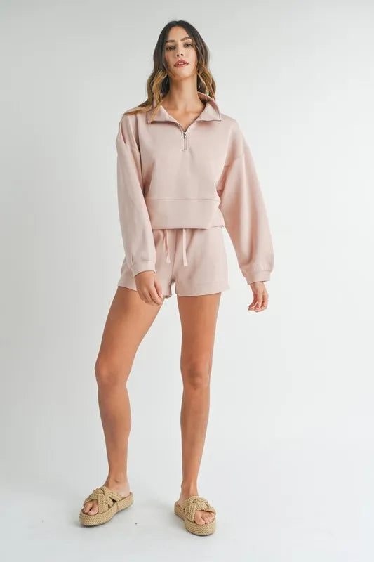 Half Zip Sweatshirt and Shorts Set - Loungewear Sets