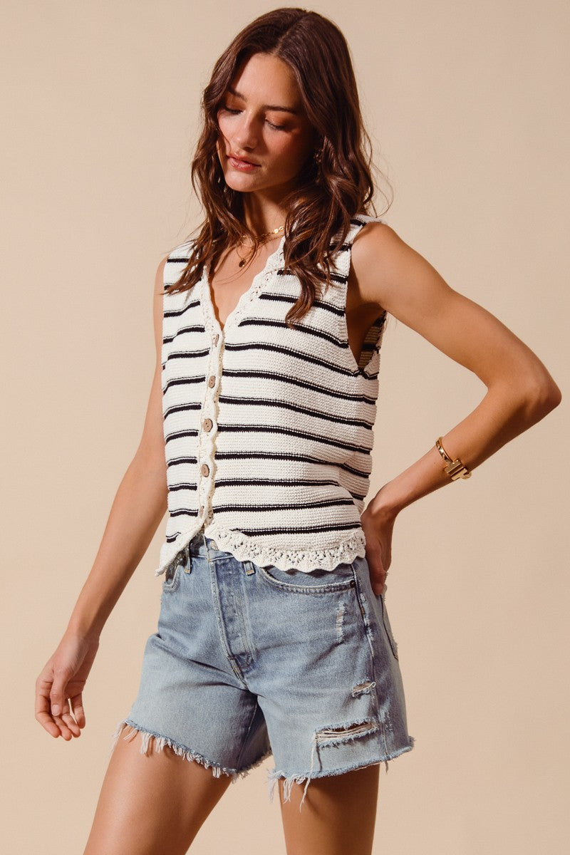 Striped Crochet Trim Button-Down Knit Sweater Vest — Lightweight Versatile Everyday Style - Knit Vests