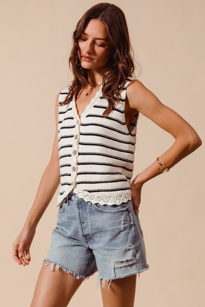 Striped Crochet Trim Button-Down Knit Sweater Vest — Lightweight Versatile Everyday Style - Knit Vests