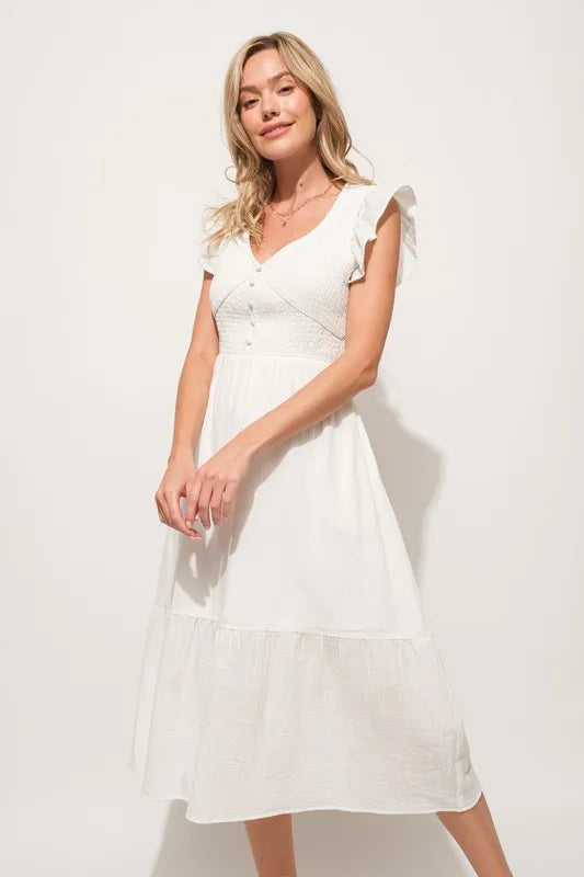 Ruffle Sleeve Front Smocked Tiered Midi Dress — Whimsical Romantic Feminine Flowing Style - Off White Mini Dresses
