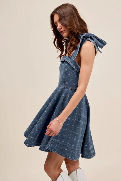 A Line Fit And Flare Diamond Bow Ribbon Denim Dress – outfit idea for women | Ro + Ivy