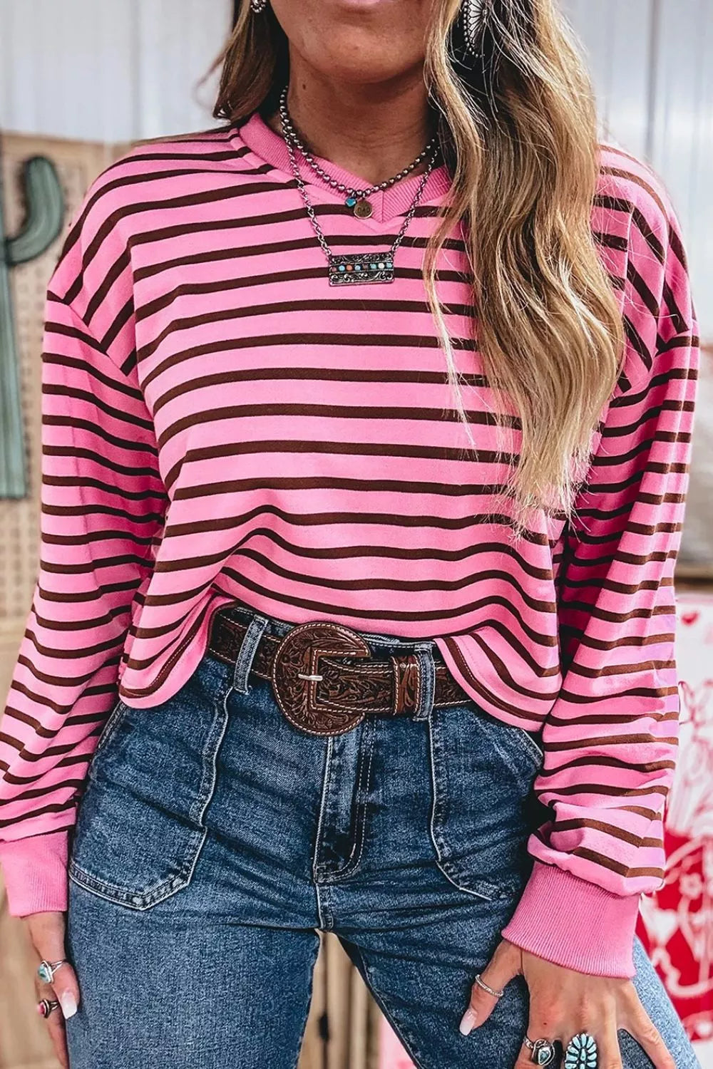 Women's Striped V-Neck Drop Shoulder Long Sleeve Top - Tops
