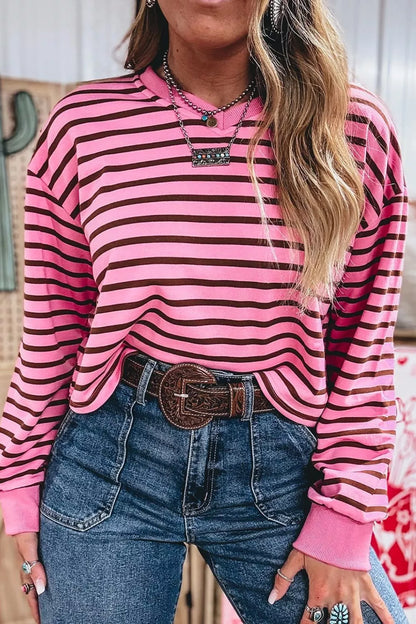 Women's Striped V-Neck Drop Shoulder Long Sleeve Top - Tops