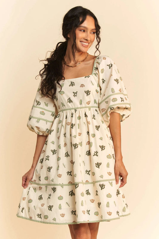 Cactus Printed Poplin Contrast Piping Mini Dress – outfit idea for women | Ro + Ivy