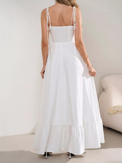 Sweetheart Neck Tie-Strap Ruffle Hem Maxi Dress - Maxi Dresses