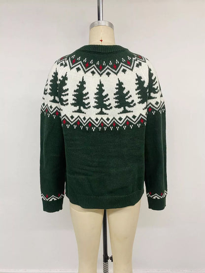 Christmas Tree Pattern Round Neck Stretch Knit Sweater