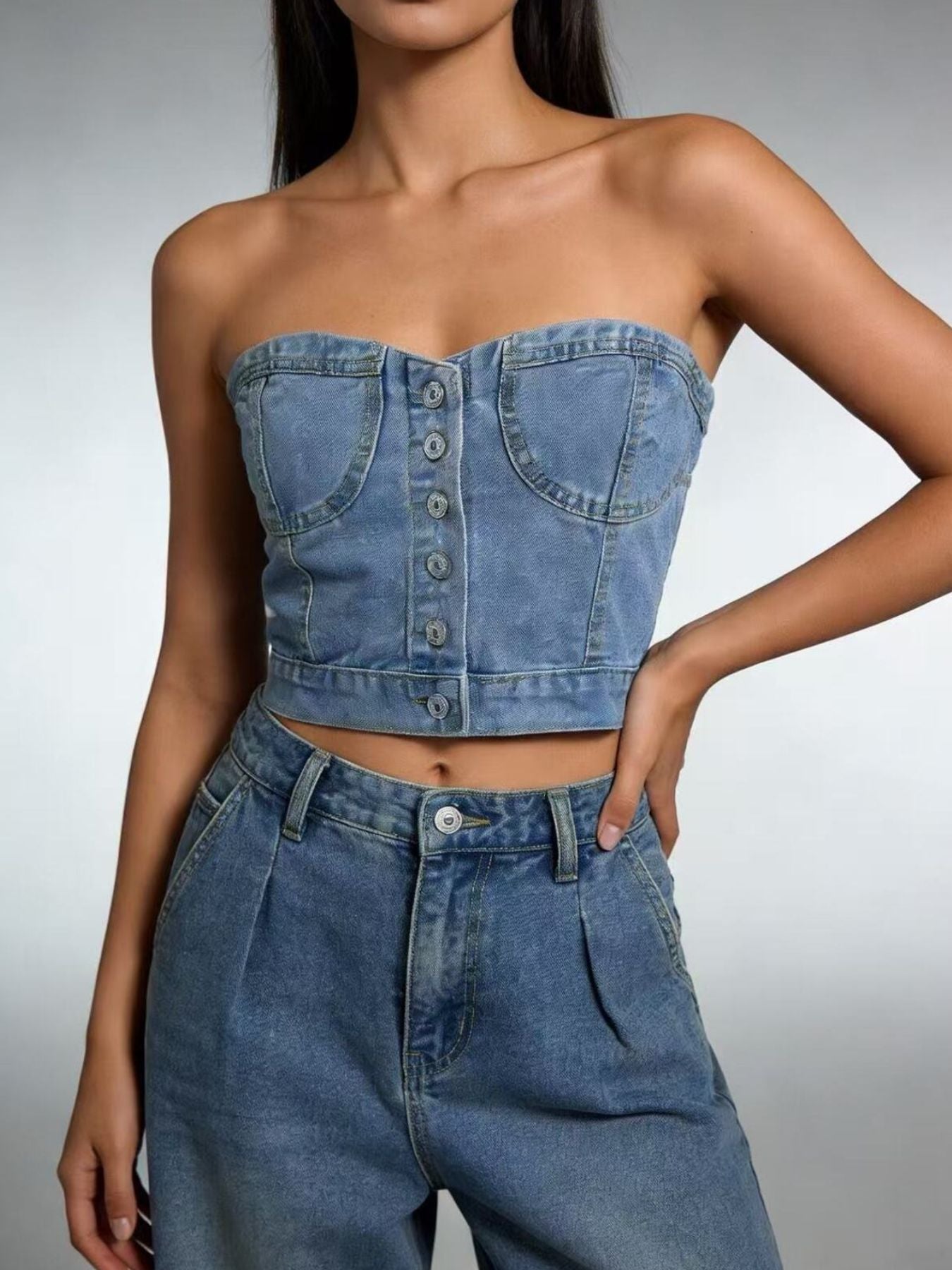 Button-Front Denim Tube Top - Tops