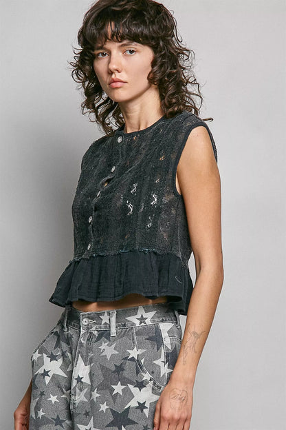 Round Neck Lace Sleeveless Top with Double Gauze Ruffle - Tank Tops