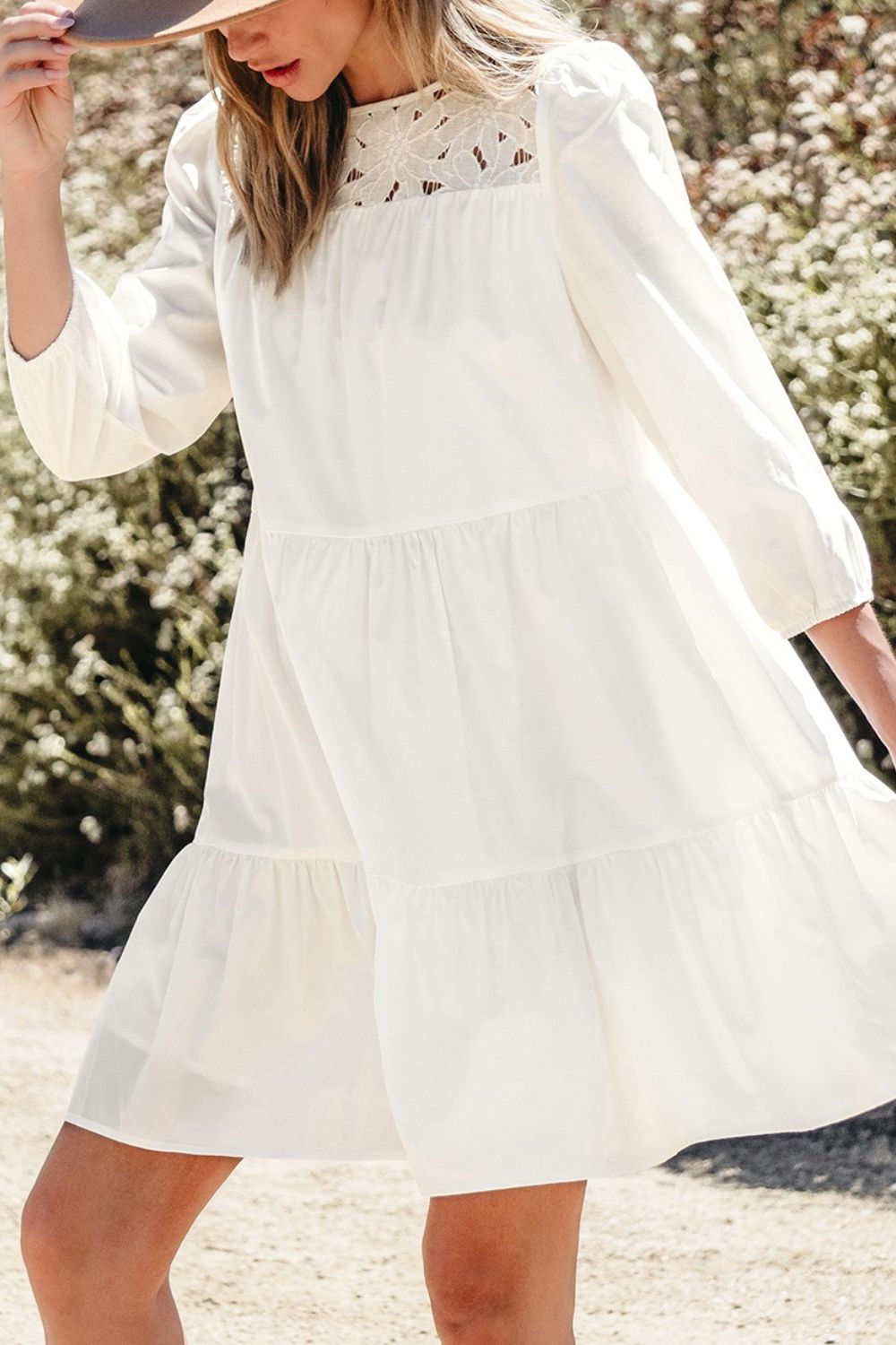 3/4 Sleeve Tiered Mini Dress with Pockets - Mini Dresses