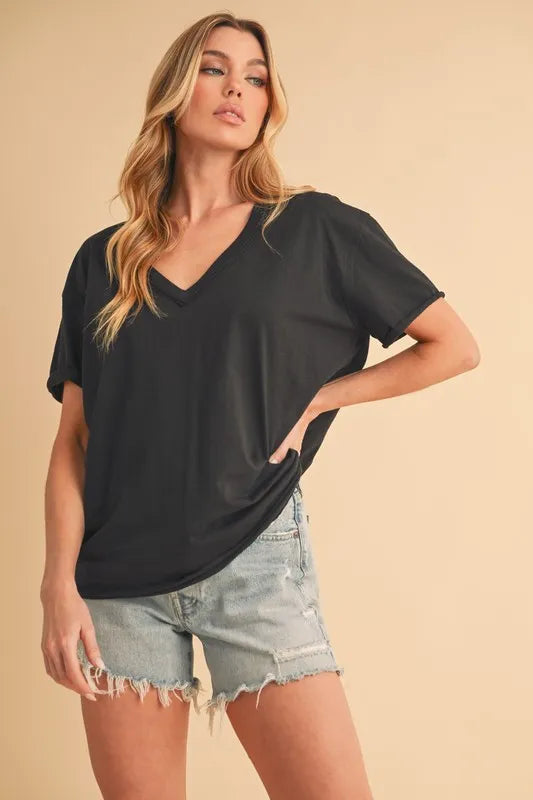 V-Neck Short Sleeve Cotton T-Shirt in Black | Trendy T-Shirts Outfit Idea for Women by Ro + Ivy | Elevated Basics, Modern Comfort & Style