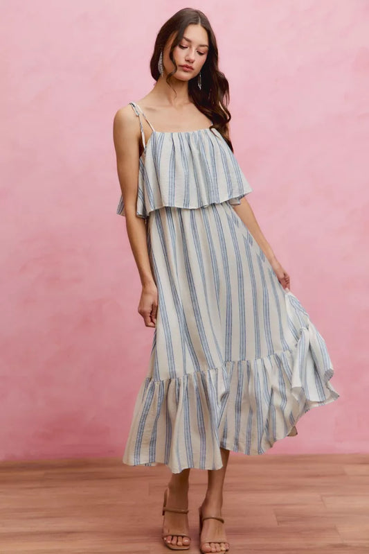 Women's Striped Tiered Shoulder Tie Midi Dress WHITE BLUE