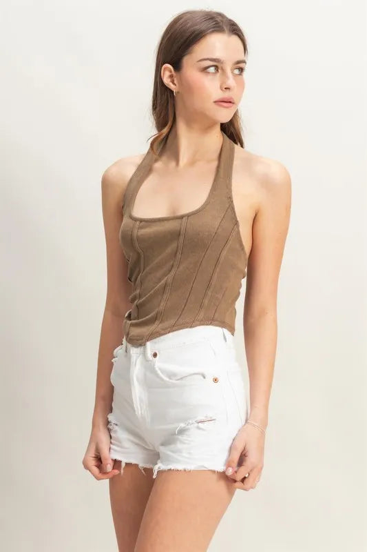 Mineral Wash Halter Neck Everyday Top - Tops