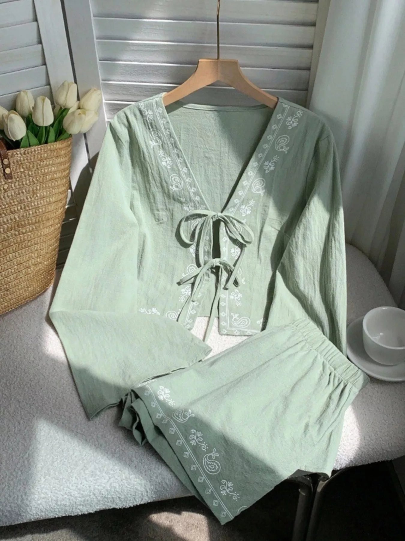 Women's Embroidered Tie Front Top and Shorts Set - Matching Sets