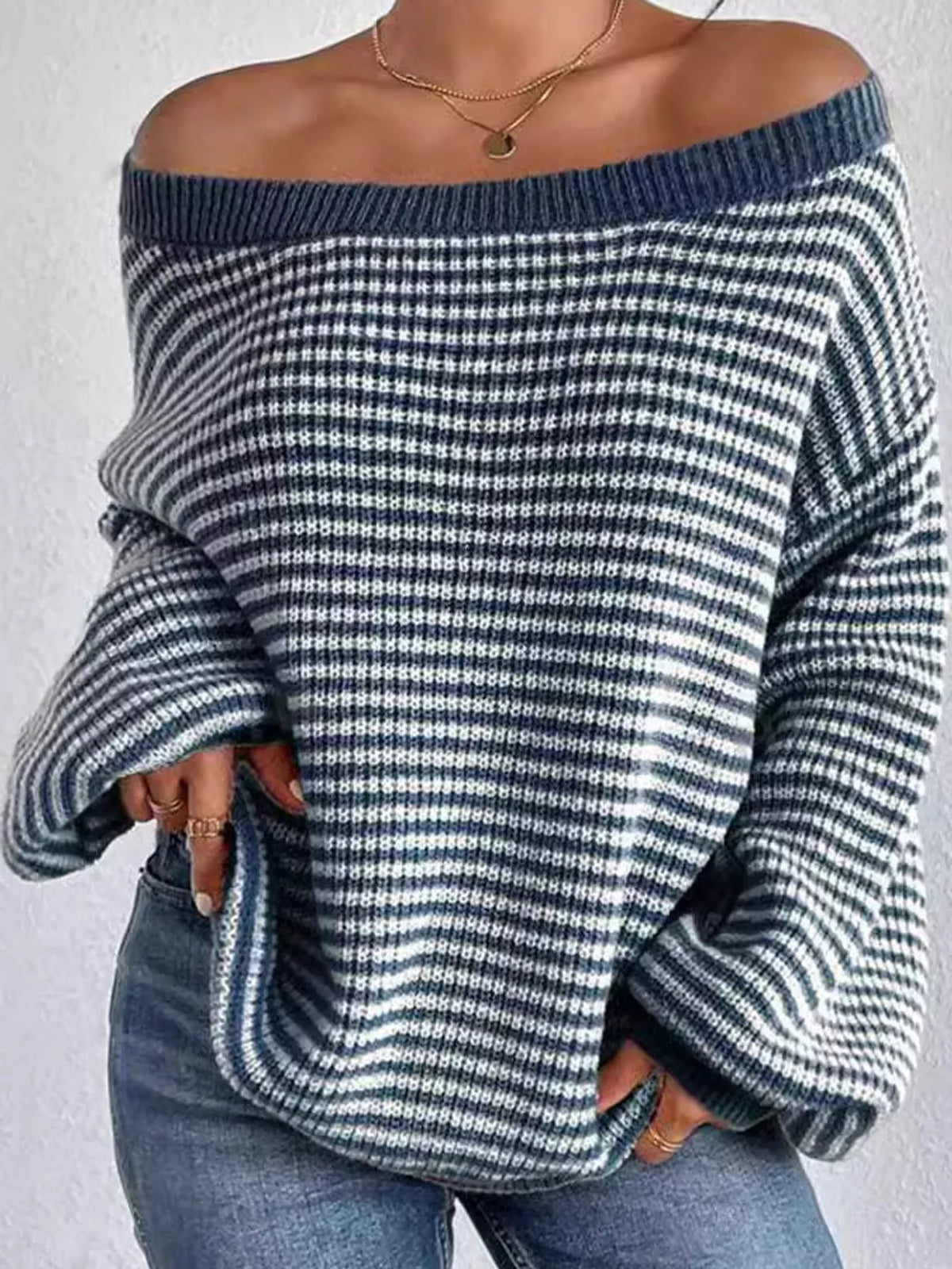 Oversized Striped Ribbed Knit Sweater with Boat Neck Blue