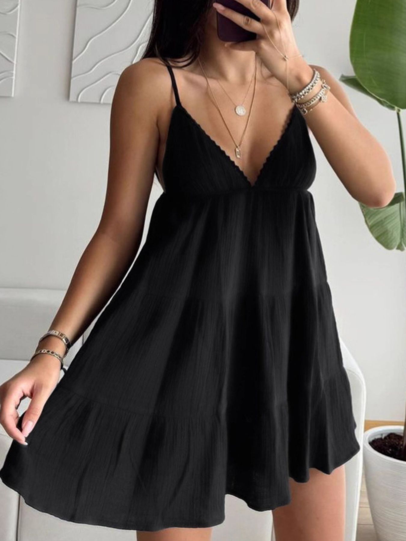 V-Neck Tiered Mini Dress - Mini Dresses