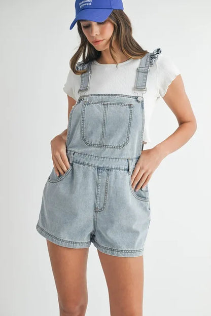 Square Neck Ruffle Shoulder Denim Overall Romper - Lt Denim Rompers