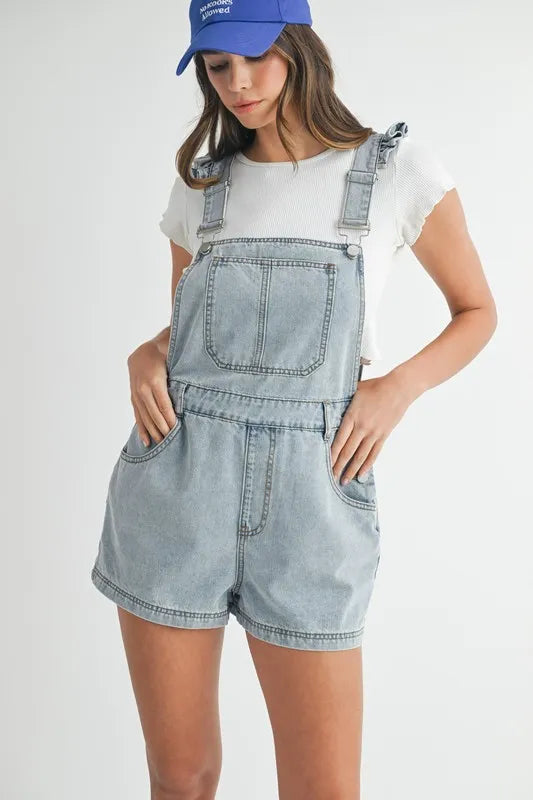 Square Neck Ruffle Shoulder Denim Overall Romper - Lt Denim Rompers