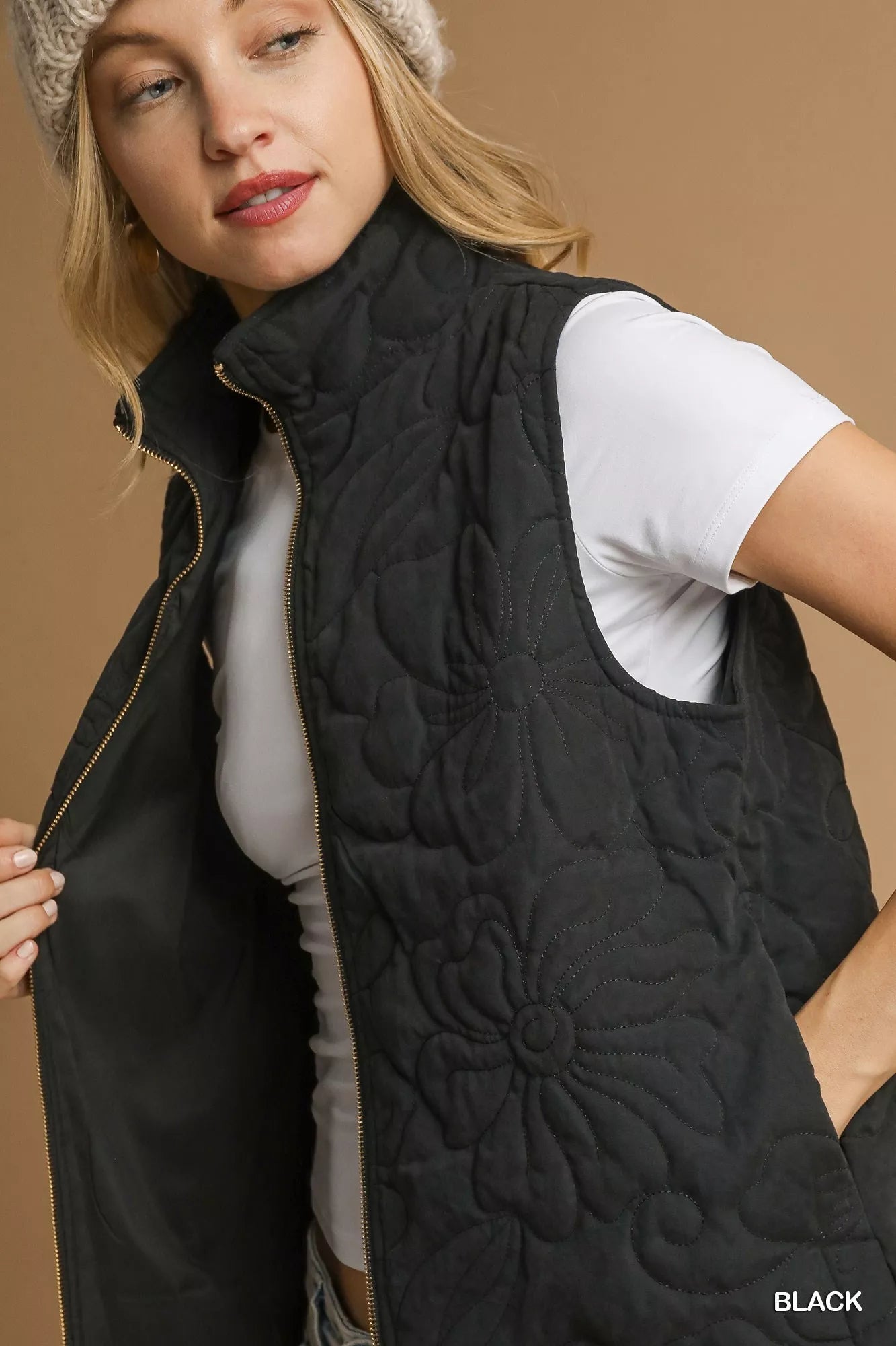 Quilted Floral Zip Up Embroidered Sleeveless Vest With Pockets | Trendy Vests Outfit Idea for Women by Ro + Ivy | Elevated Basics, Modern Comfort & Style