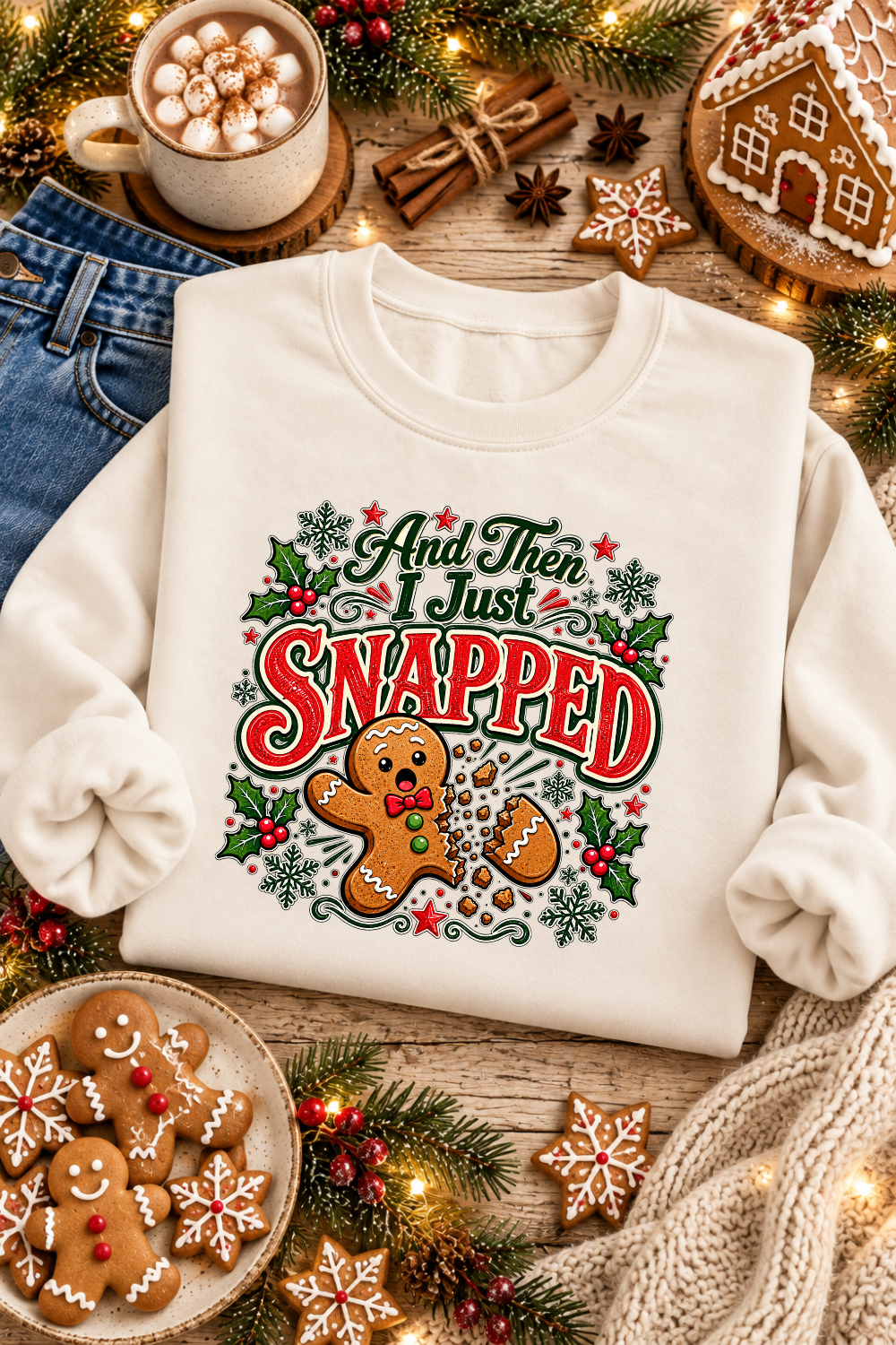 Gingerbread Graphic Crewneck Sweatshirt with Festive Design Cream