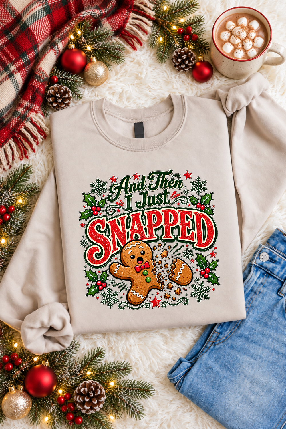 Gingerbread Graphic Crewneck Sweatshirt with Festive Design Sand