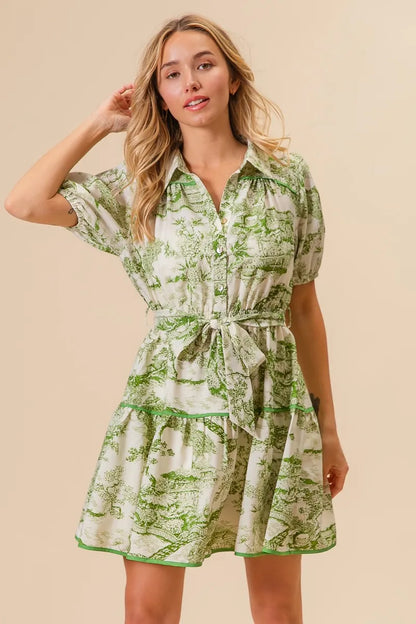 Woven Printed Tiered Mini Dress – outfit idea for women | Ro + Ivy