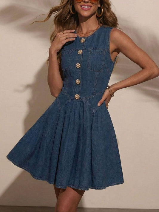 Women's Button Decor Sleeveless Denim Mini Dress Dark Blue