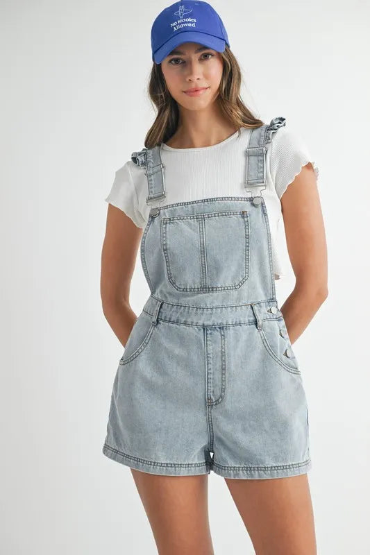 Square Neck Ruffle Shoulder Denim Overall Romper - Rompers