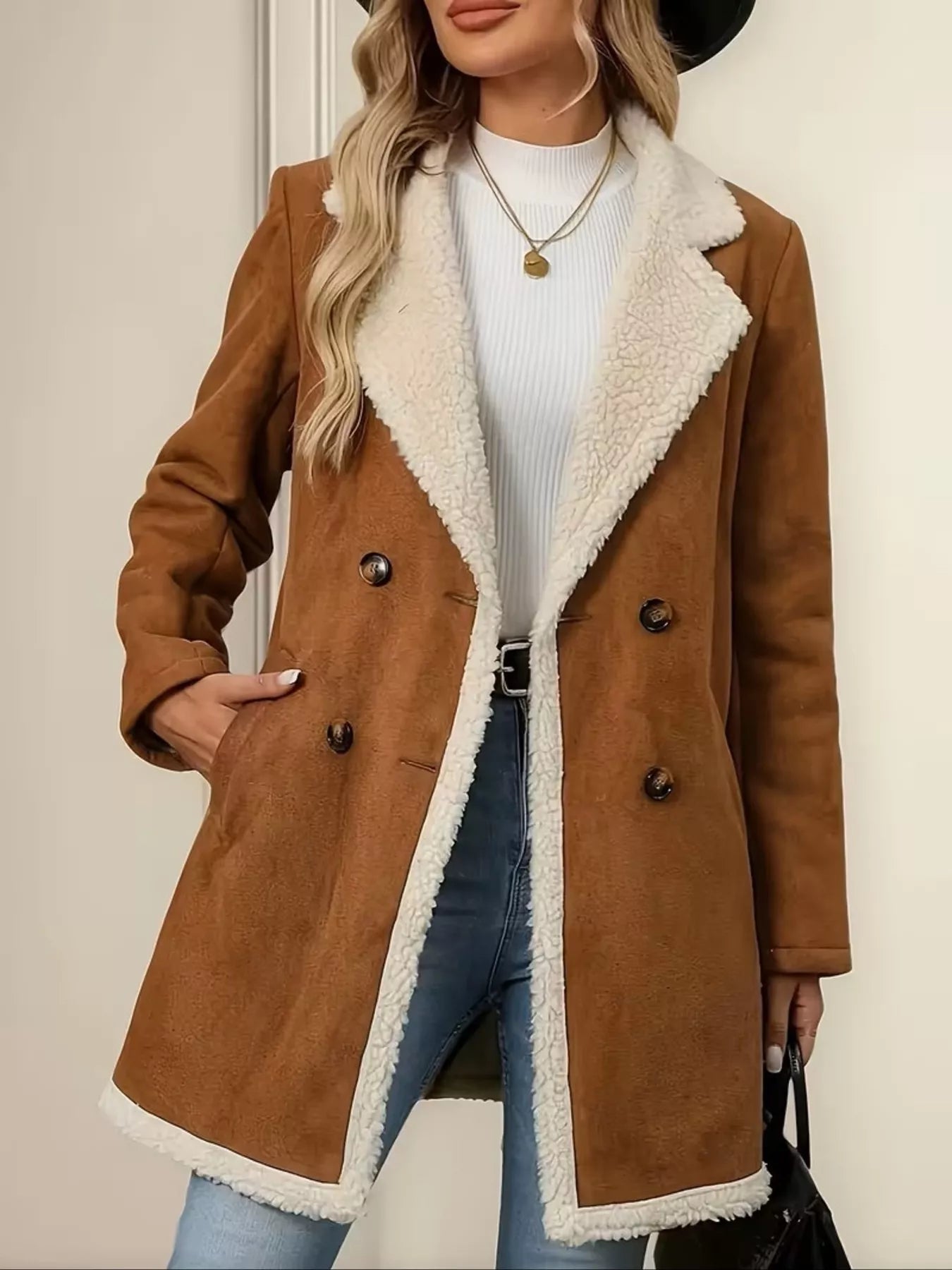Double-Breasted Suede Coat Caramel