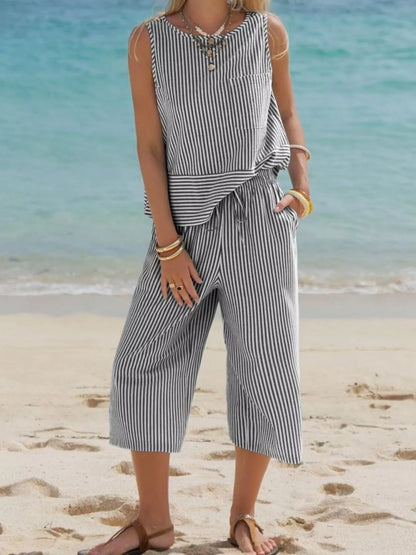 Women's Striped Sleeveless Top and Cropped Pants Set - Matching Sets