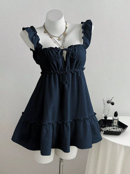 Ruffled Square Neck Mini A-Line Dress Navy Blue