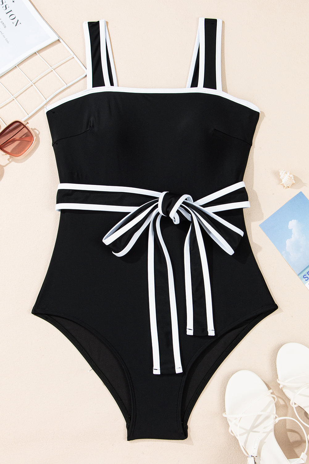 Colorblock Contrast Trim Belted One-Piece Swimsuit — Supportive Straps Contemporary Beach Style - One-Piece Swimsuits