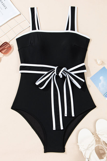 Colorblock Contrast Trim Belted One-Piece Swimsuit — Supportive Straps Contemporary Beach Style - One-Piece Swimsuits