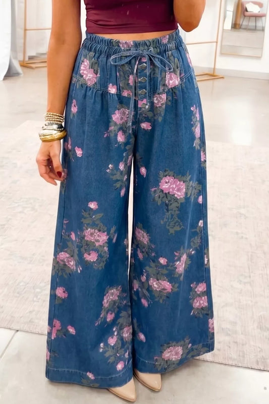 Women's Floral Print Wide Leg Jeans Medium