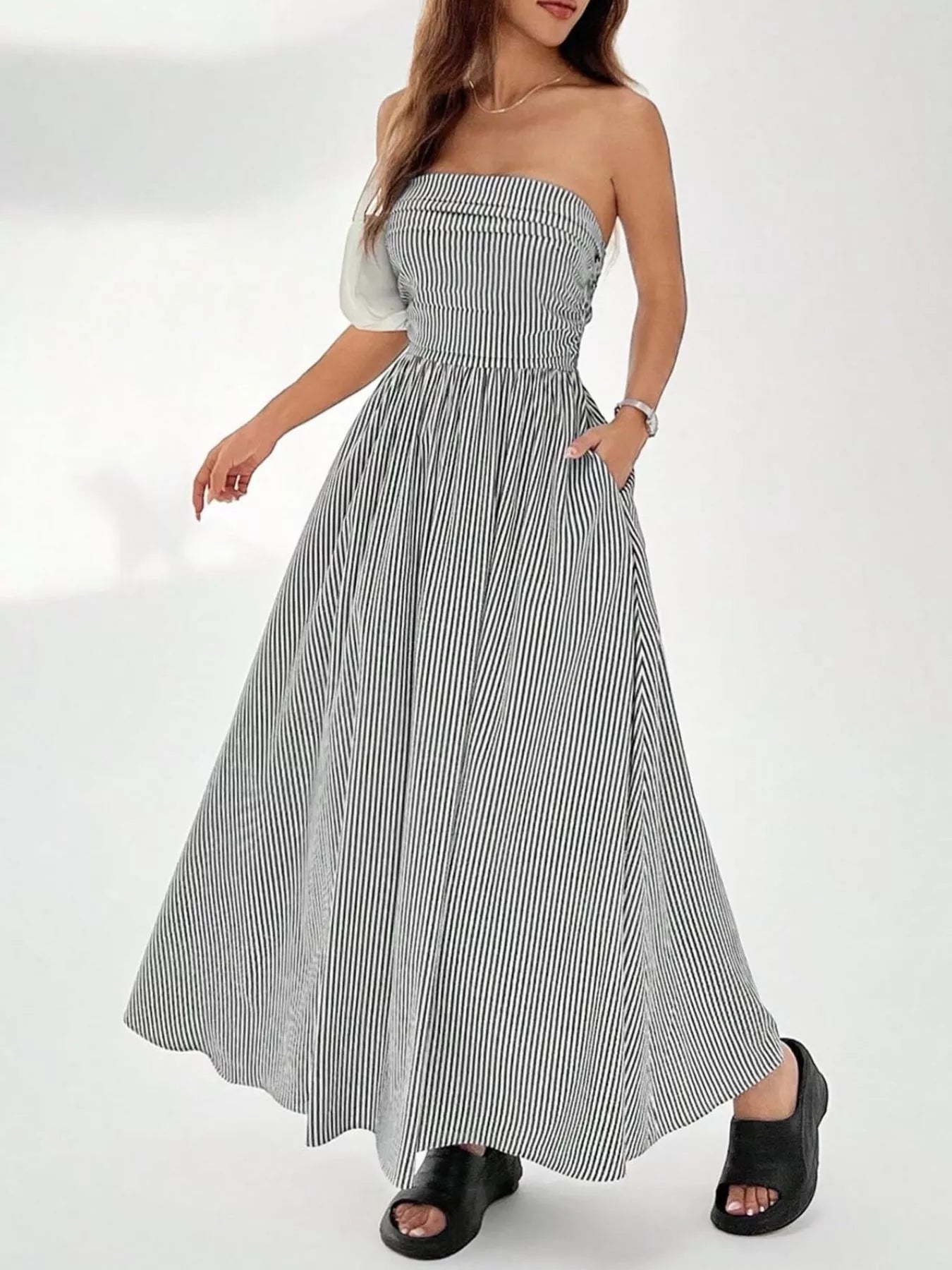 Strapless Featherweight Cotton Striped Maxi Dress - Maxi Dresses