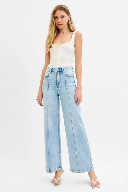 High Waist Pintuck Detailed Wide Leg Jeans – outfit idea for women | Ro + Ivy
