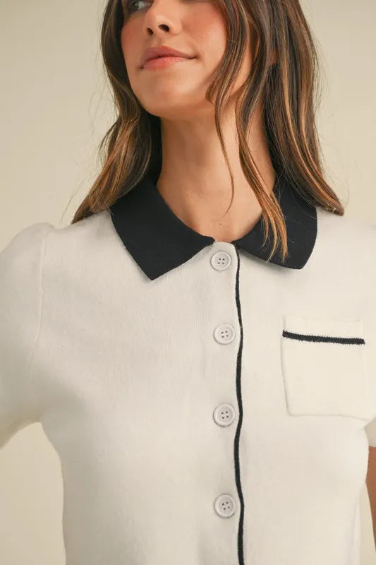 Button Down Contrast Collared Knit Cardigan - Cardigans