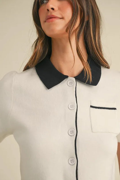 Button Down Contrast Collared Knit Cardigan - Cardigans