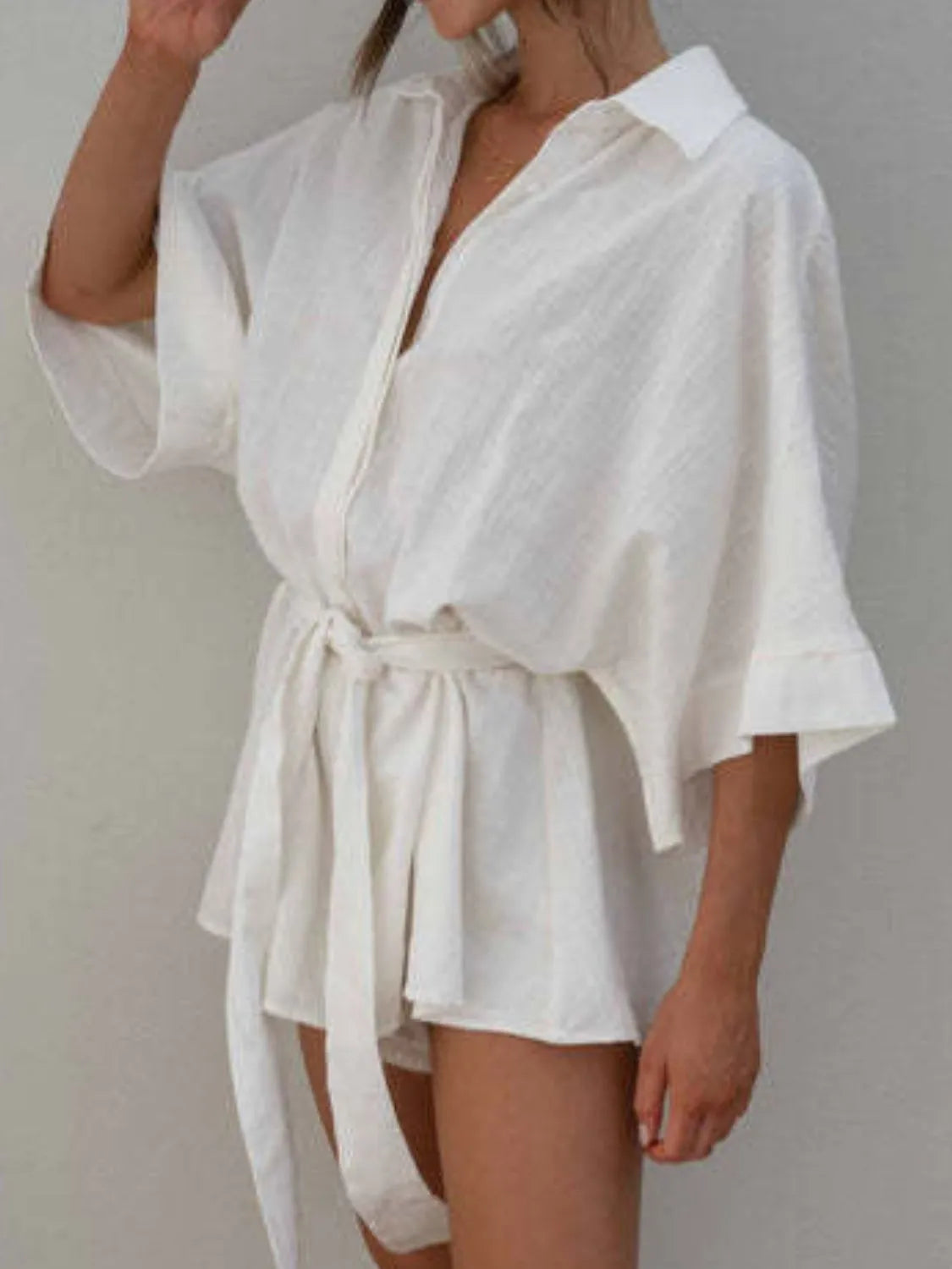 Button Up Collard Neck Half Sleeve Romper with Tie Front - Rompers