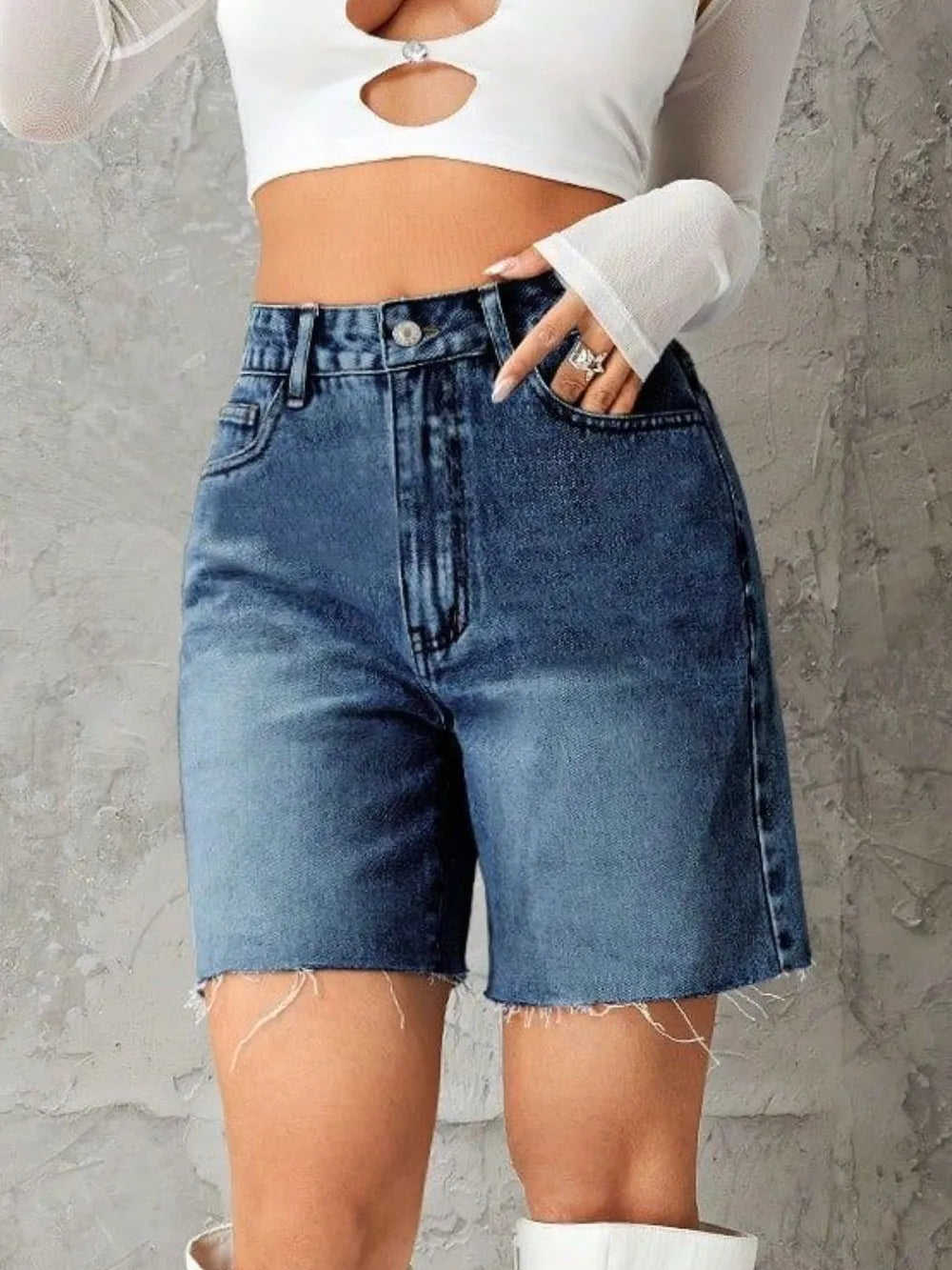 Frayed Hem Long Denim Shorts - Shorts