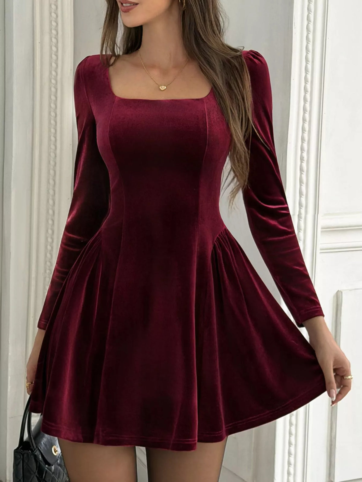 Velvet Square Neck Long-Sleeve Mini Dress with Stretch Fabric