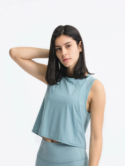 Open Back Slit Round Neck Activewear Tank Top Air Force Blue