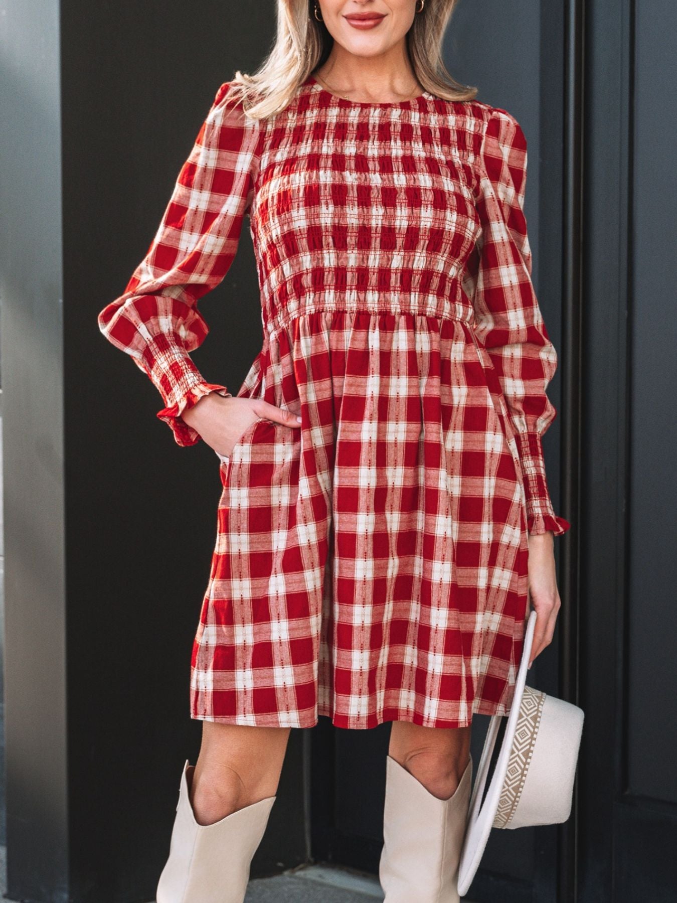 Women's Plaid Print Smocked Puff Sleeve Mini Dress - Mini Dresses