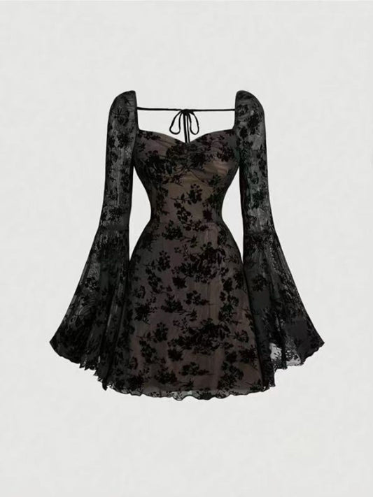Sweetheart Flared Sleeves A-Line Mini Dress Black
