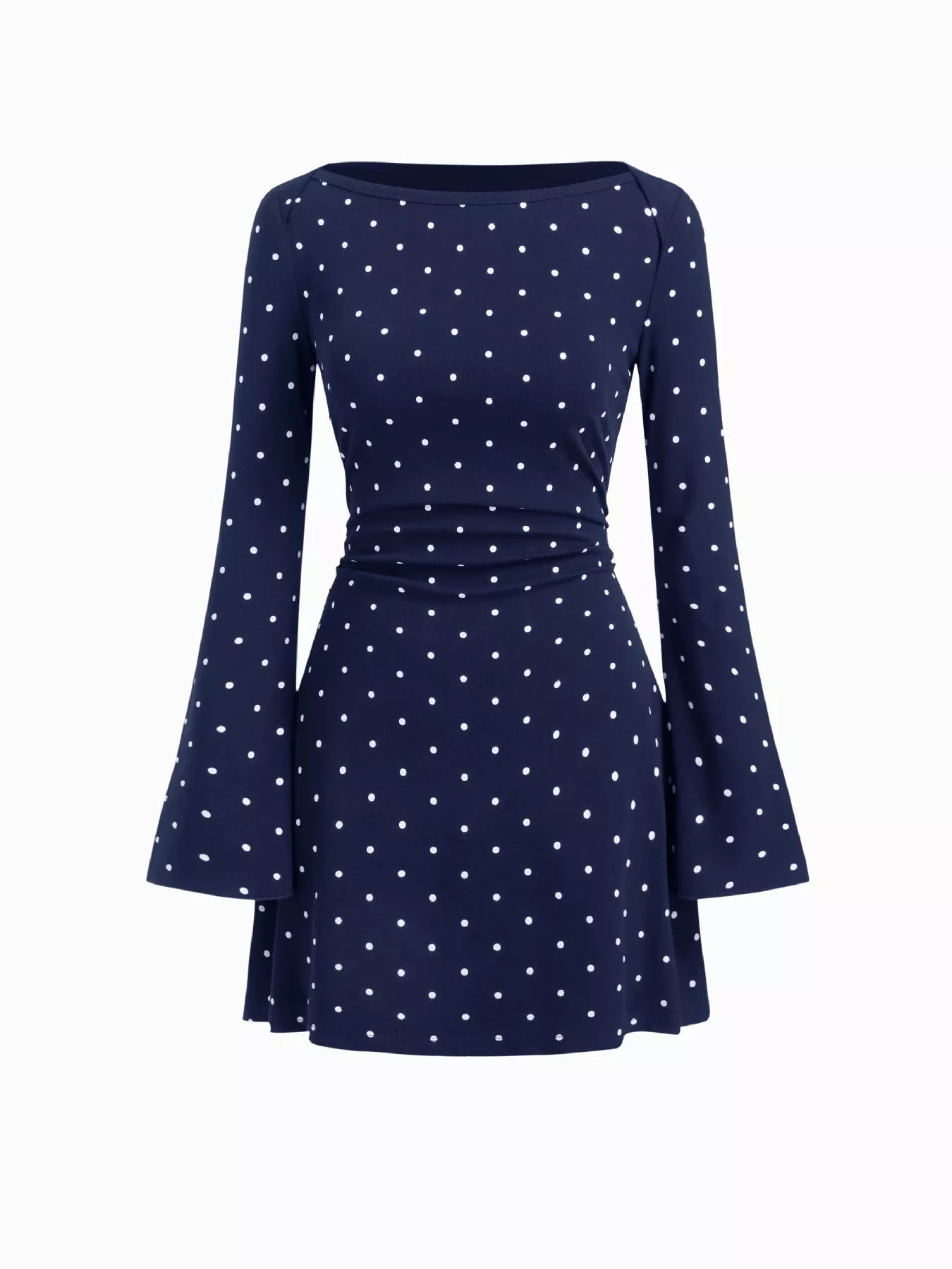 Polka Dot Boat Neck Flare Sleeves Mini Dress Navy