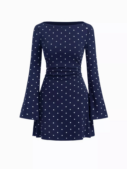 Polka Dot Boat Neck Flare Sleeves Mini Dress Navy