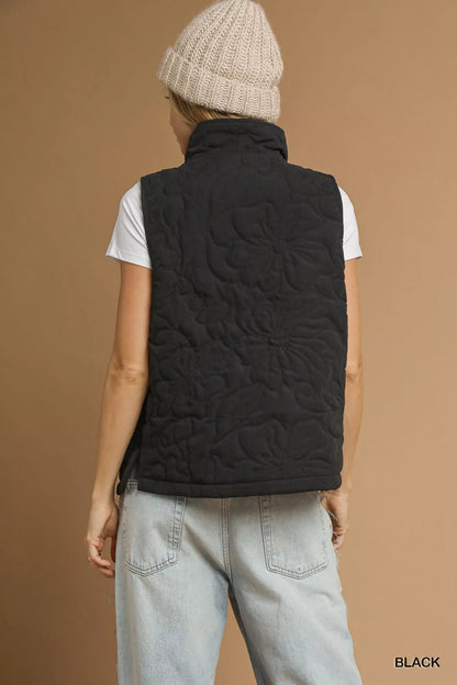 Quilted Floral Zip Up Embroidered Sleeveless Vest With Pockets | Trendy Vests Outfit Idea for Women by Ro + Ivy | Elevated Basics, Modern Comfort & Style