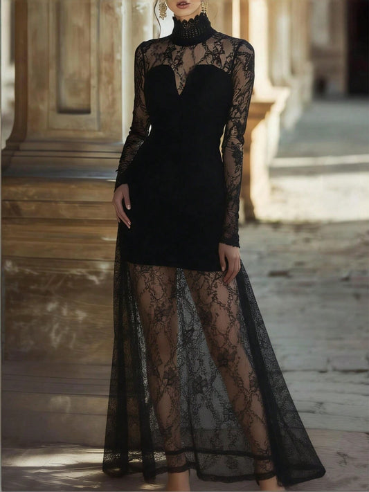 High Neck Lace Long Sleeve Maxi Dress Black